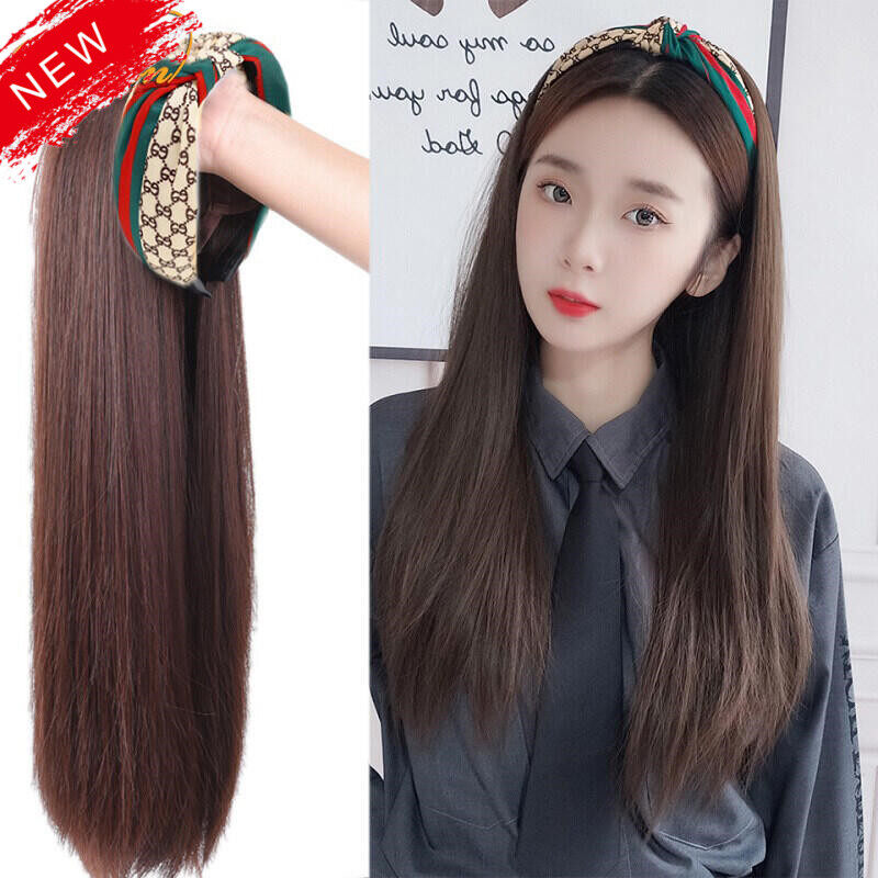 Gambar Fashion New Women Long Straight Half Head Wig Heat Resistant Synthetic Natural Black Brown Headband Wig