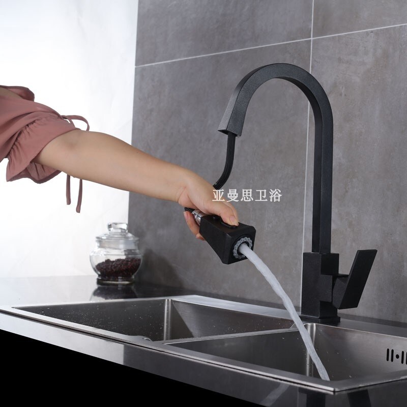 Gambar Copper lead free universal rotating cold hot kitchen faucet smoked pull telescopic xiancai basins sink black