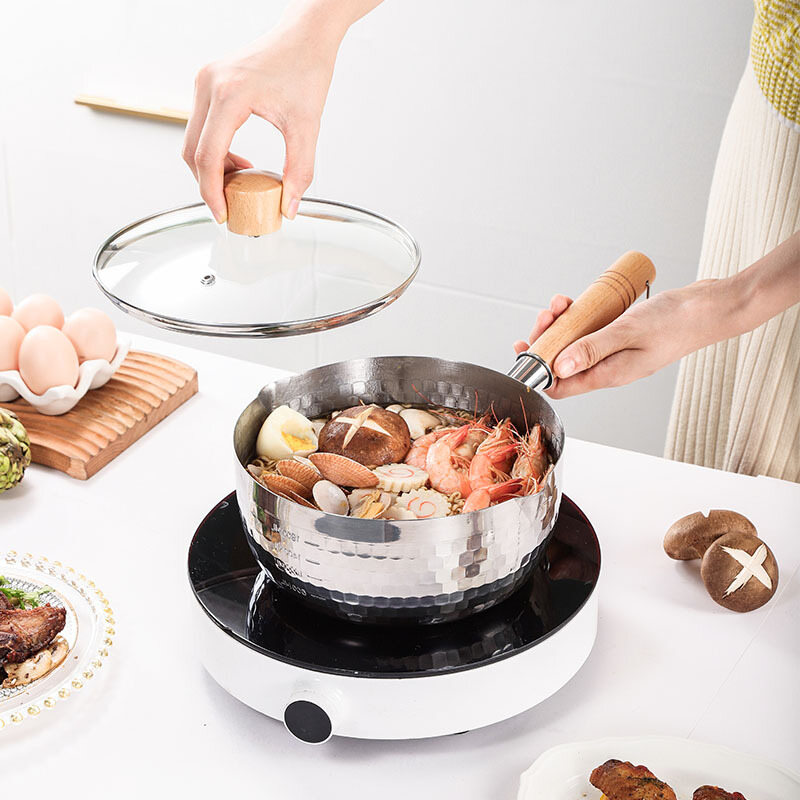 Gambar Snow Pan Stainless Steel Noodle Pot Uncoated Small Milk Pot Wooden Handle Hammer Pattern Soup Pot Baby Food Supplement Pot