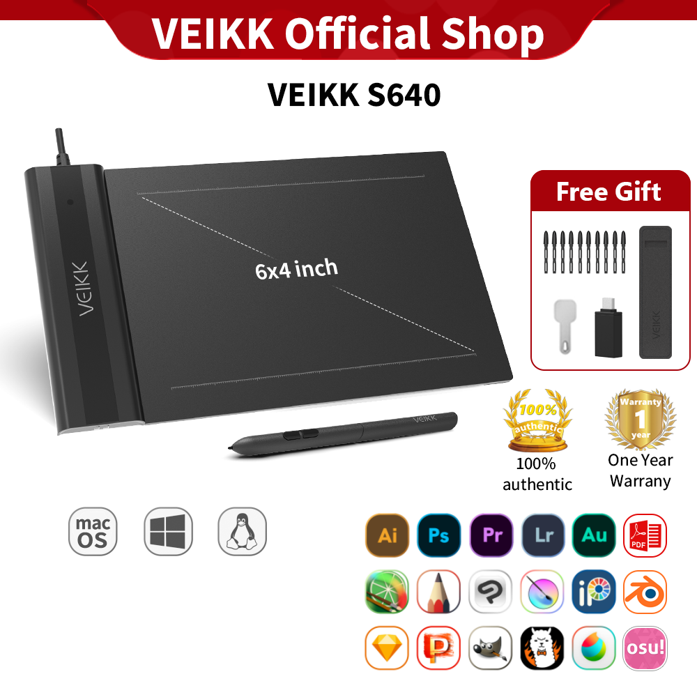 (Online Teaching Recommend) VEIKK S640 6 x 4 inch Ultra-Thin Easy Carrying Pen Tablet Graphics Drawing Tablet Support Androidphone Digital Drawing Writing Pad with 16384 Levels Pressure Sensitivity Battery-Free Pen