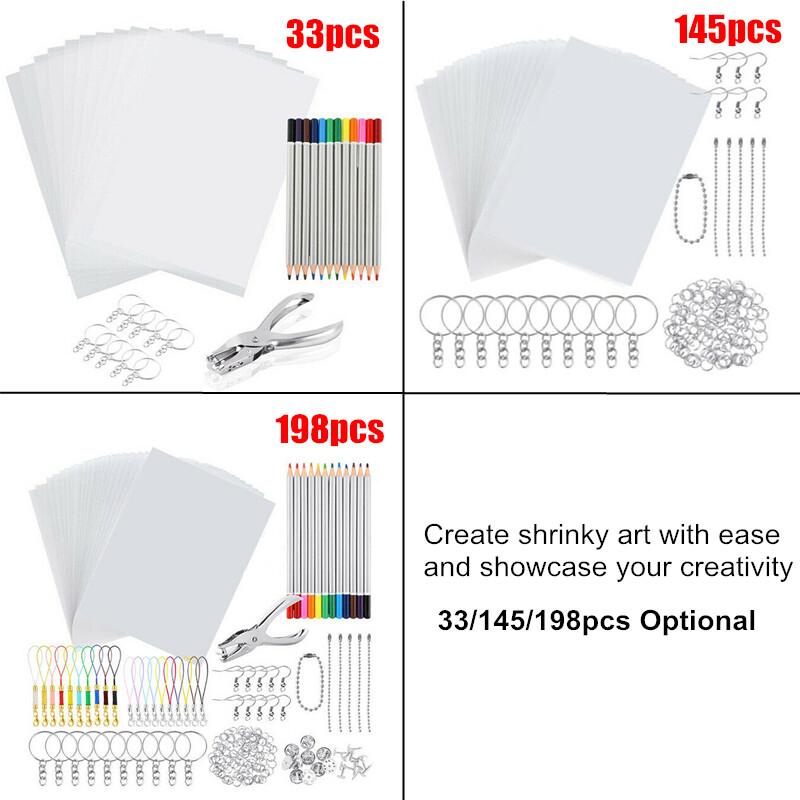 33/145/198Pcs Heat Shrink Plastic Sheet Kit Paper Hole Punch Keychains