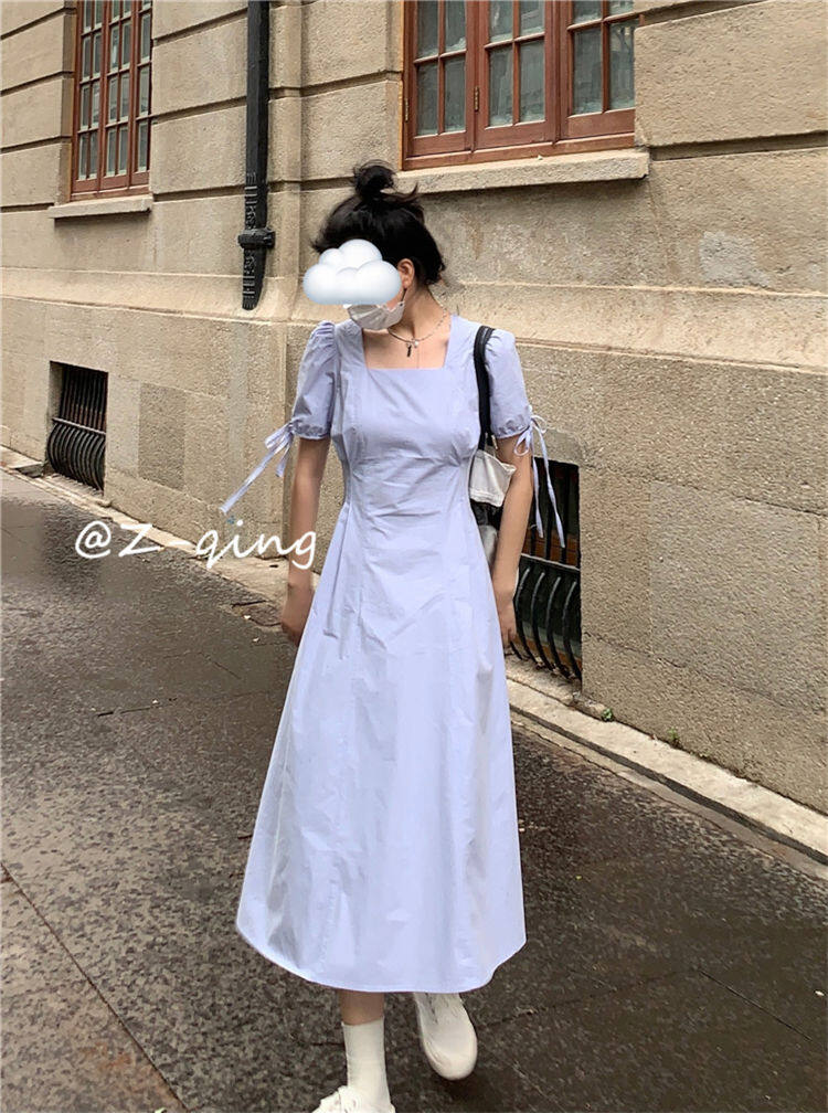 French style square collar puff sleeve dress design niche temperament slim fit gentle first love backless white fairy skirt