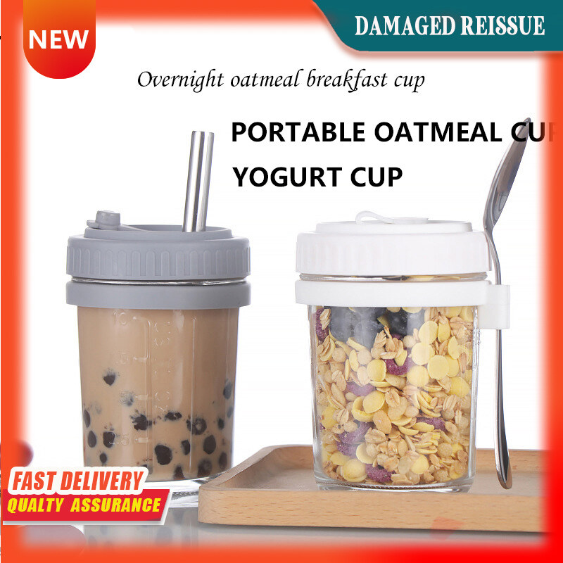 Gambar Breakfast Meal Replacement Cup Overnight Oatmeal Cup Straw Glass Girl with Lid and Spoon