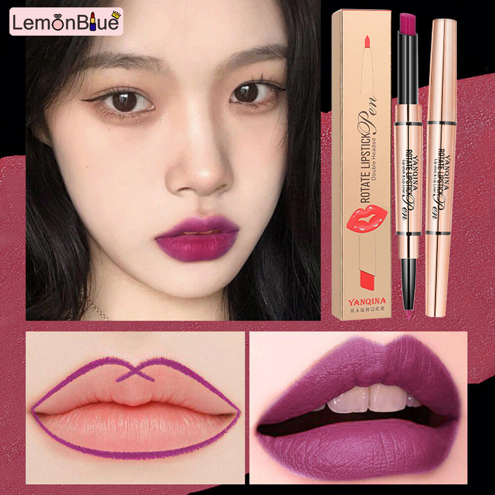 Gambar LemonBlue 2 in1 Matte Lipstick Pen Waterproof Moisturizing Lip Liner Contour Makeup Lady Charming Lipstick Tool Professional Cosmetic long lasting