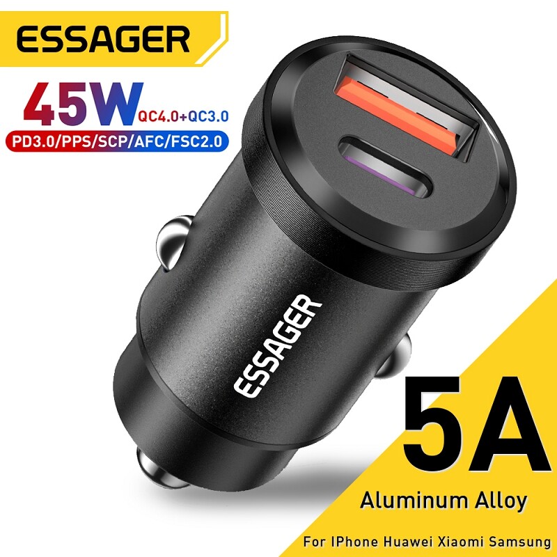 Essager 45W USB Car Charger Quick Charge4.0 QC PD3.0 SCP 5A USB Type C Car Fast Charging For iPhone 14 13 Pro Max Samsung S22 Ultra ราคา 169 บาท*ส่งฟรี