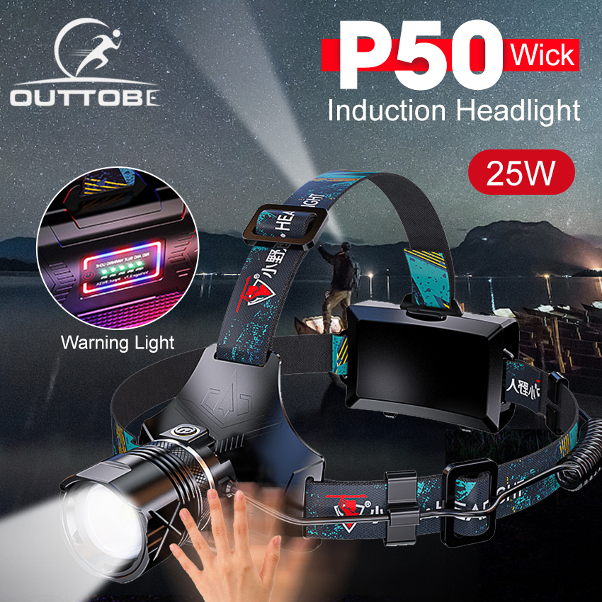 Outtobe P50 đèn đội đầu siêu sáng đèn pin đội đầu cảm biến Outdoor Headlamp Rechargeable LED Headlights Adjustable Light Headlamp Waterproof Strong Light Telescopic Zoom Head-mounted Lamp