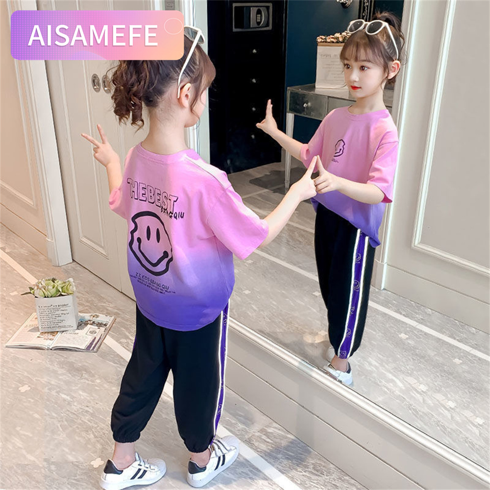 AISAMEFE Children's Wear Girls' Summer Suit Children's 2023 New Girls' Summer Wear Smiling Face Short Sleeved Sports Two Piece Set ราคา 485 บาท*ส่งฟรี