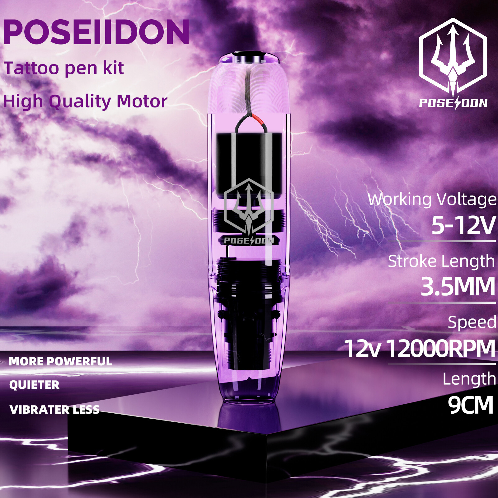 Bút Tattoo Poseidon, máy xăm với dây xăm RCA, loại bút máy Máy xăm trong suốt màu tím cho nghệ sĩ xăm hình, phụ kiện xăm hình Máy quay hộp mực