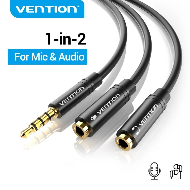 Vention giắc cắm âm thanh 3.5mm pemisah cáp âm thanh 3.5mm ekstensi cho tai nghe máy tính xách tay bộ chuyển đổi cáp âm thanh mở rộng giắc cắm 3.5mm cáp âm thanh 3.5mm đầu đực sang 2 đầu cái mic