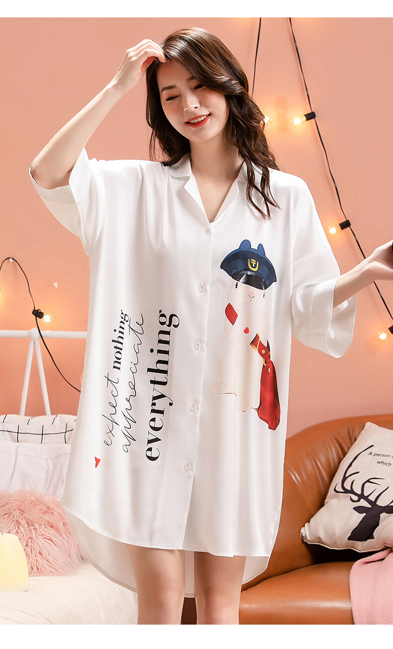 Váy ngủ nữ Cho Phụ Nữ, V-Cổ Cài Cúc Voan Phim Hoạt Hình Mùa Hè Mỏng Ngủ