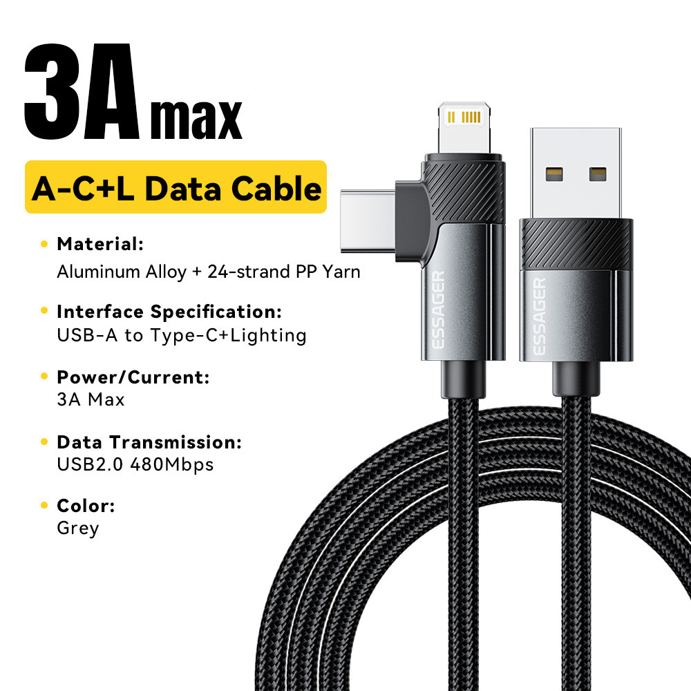 Essager 2-in-1 USB để Loại C + Cáp Lightning 3A Cáp dữ liệu nhanh sạc chuyển USB2.0 480Mbps