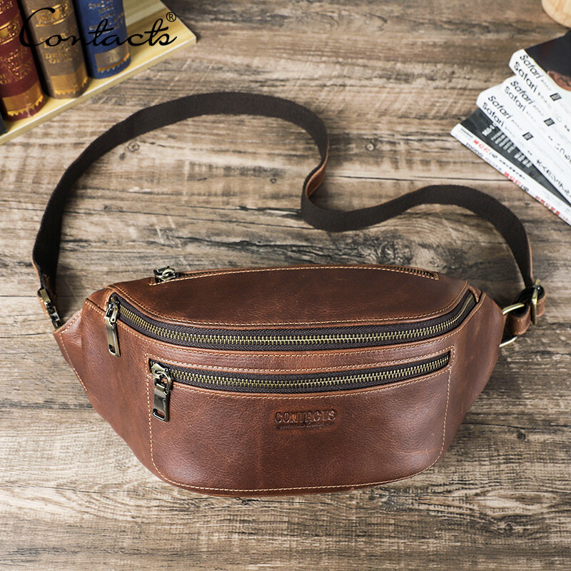 CONTACT'S Men Waist Bag Genuine Leather Waist Pack Belt Bag Travel Fanny Pack Phone Pouch Casual Crossbody Chest Bags Handbag ราคา 1,237 บาท*ส่งฟรี