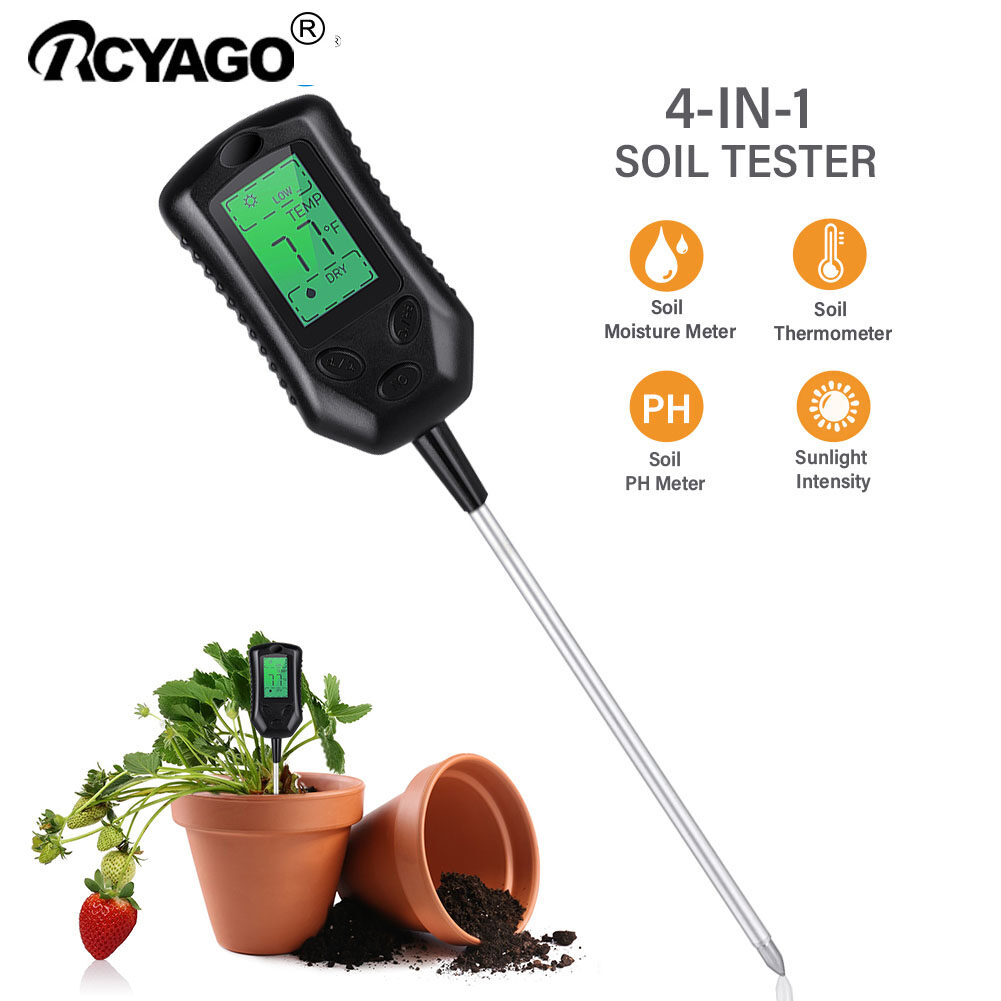 RCYAGO Máy Kiểm Tra Độ PH Đất Kỹ Thuật Số 4 Trong 1 Máy Đo Độ Ẩm Máy Kiểm Tra Nhiệt Độ Theo Dõi Ánh Sáng Mặt Trời Với Đầu Dò 204Mm Cho Dụng Cụ Làm Vườn Tại Bãi, Chậu Cây, Vườn Cây