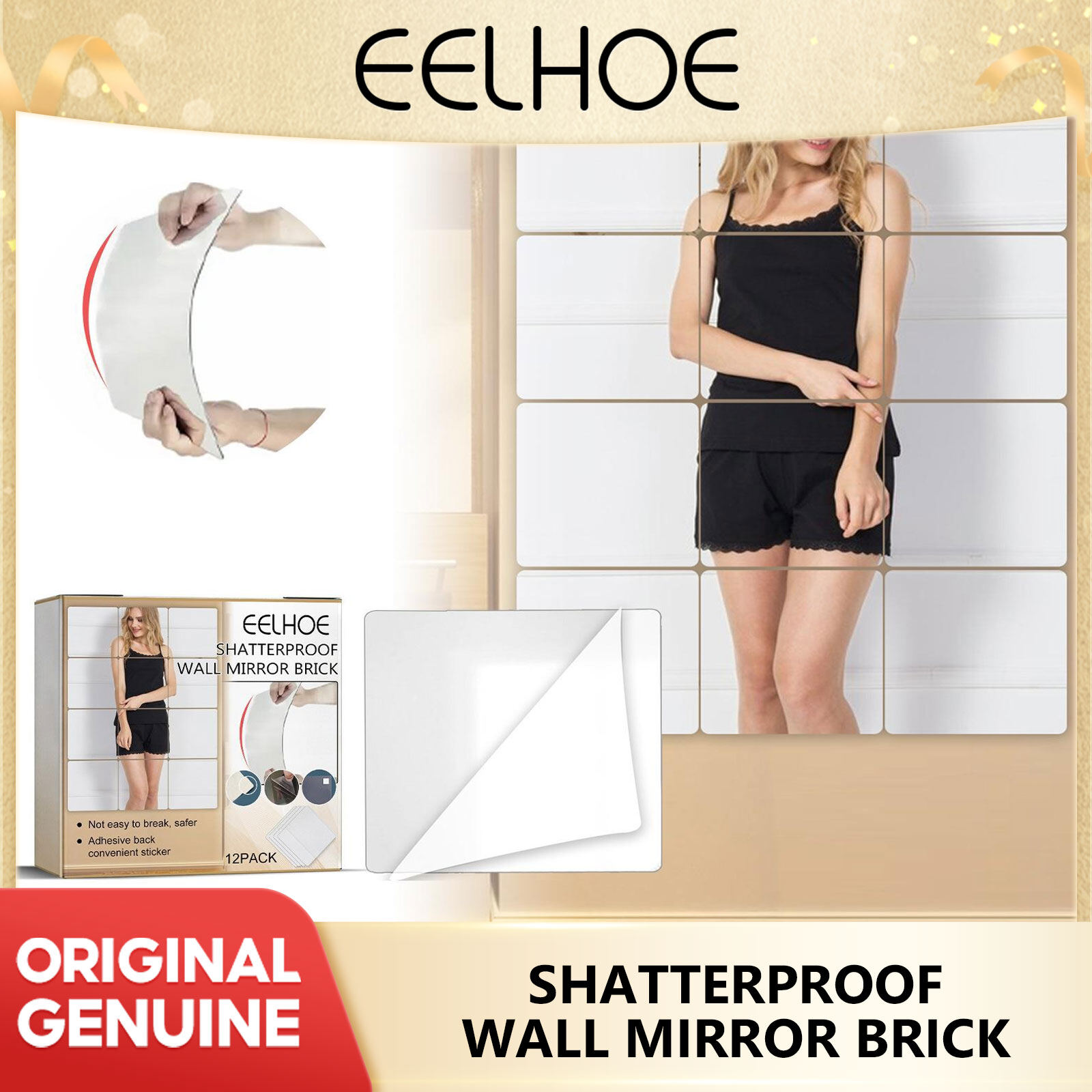 Eelhoe Shatterproof Wall Mirror Brick Self-Adhesive Acrylic Mirror For Bedroom Bathroom Home Decoration Unbreakable Wall Mirror Sticker Self-Adhesive Tiles Mirror Stickers 3d Mirror Wall Art Home Decors Wall Decal ราคา 182 บาท*ส่งฟรี