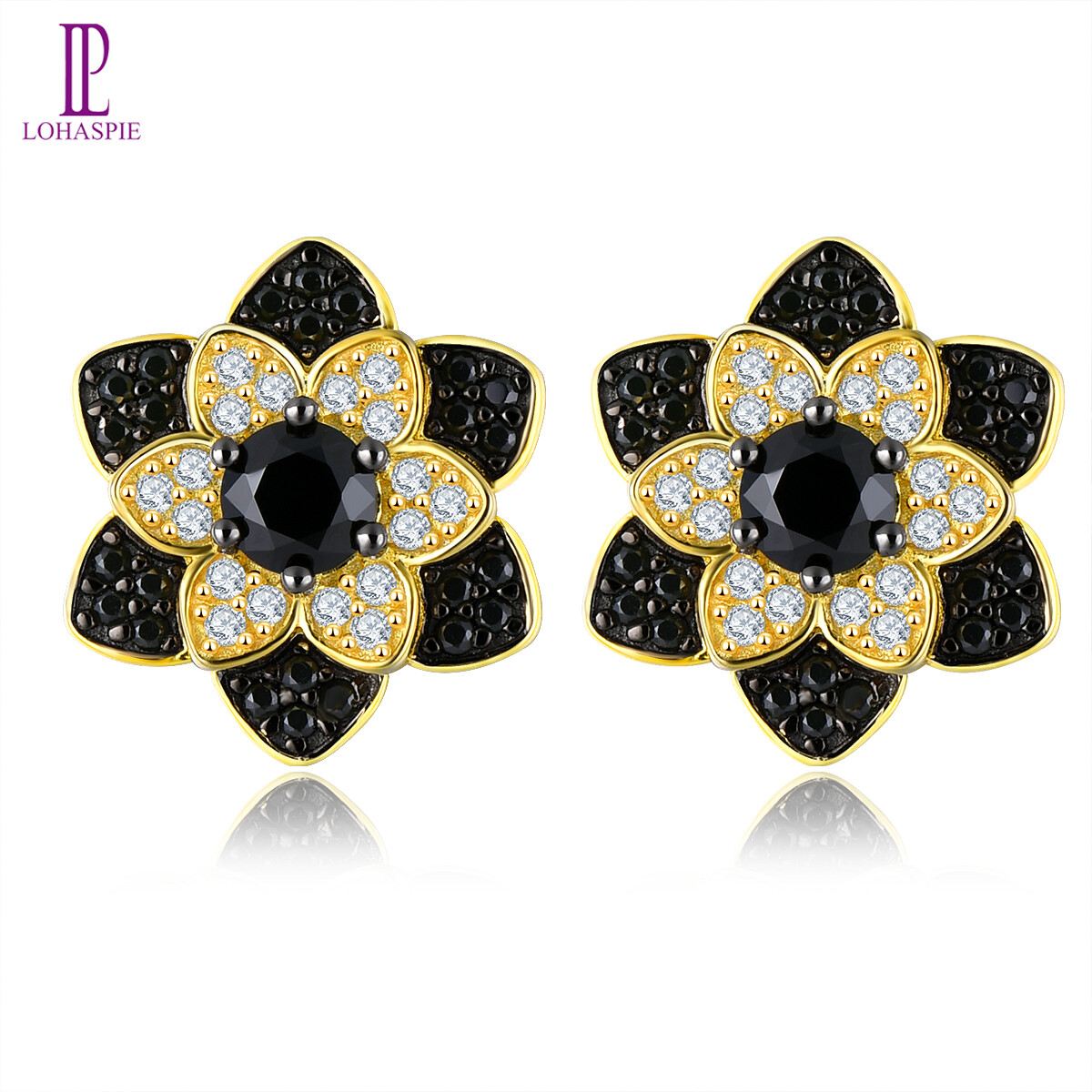 Lohaspie Đồ Trang Sức Bông Tai Bạc 925 Ban Đầu màu đen tự nhiên Spinel hạt bông tai mạ vàng cắt tròn Đá Quý Birthstone Bông Tai Cho Phụ Nữ Bông Tai Lohaspie Đồ Trang Sức