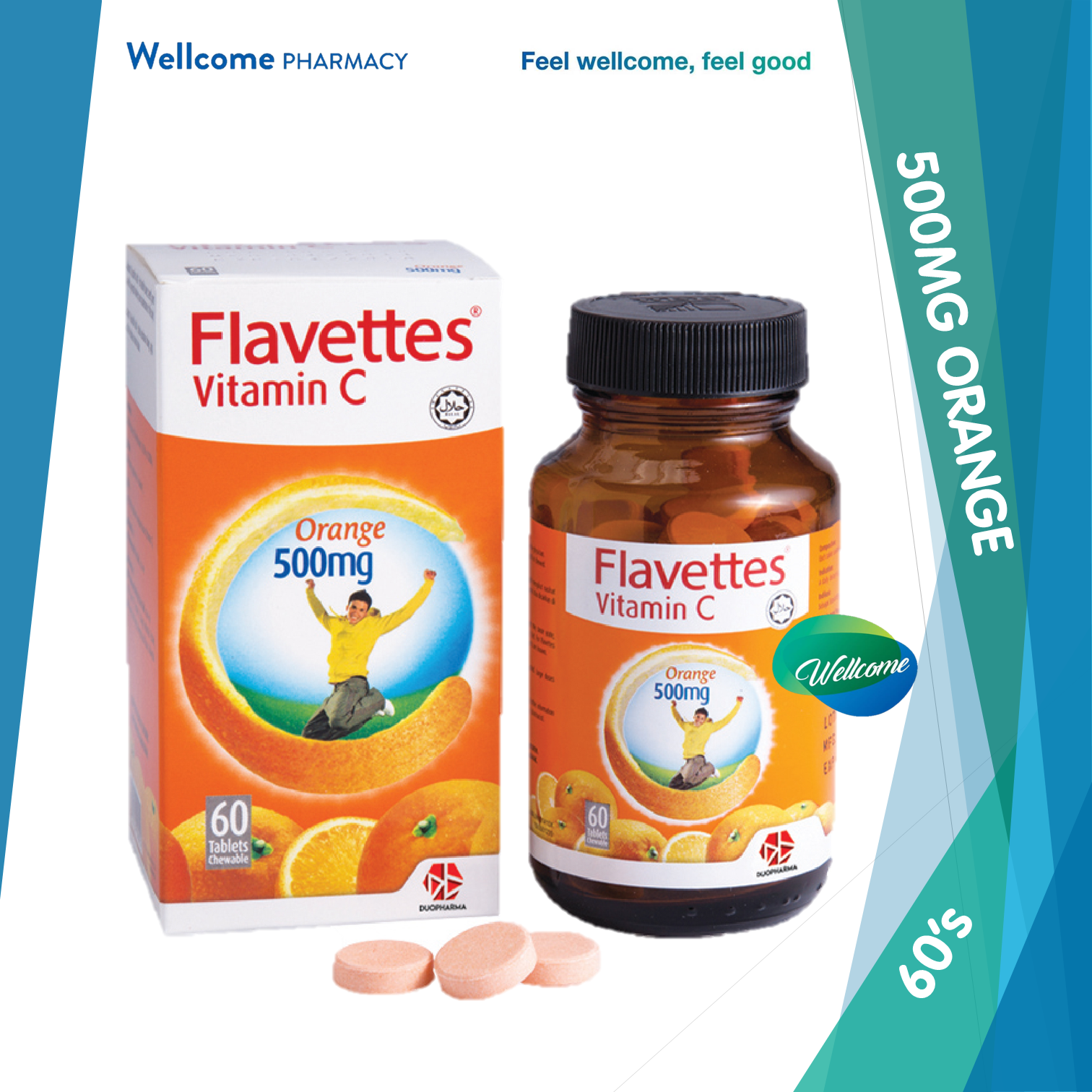 Flavettes Vitamin C 500mg Chewable Tablets Orange Flavour - 60's 