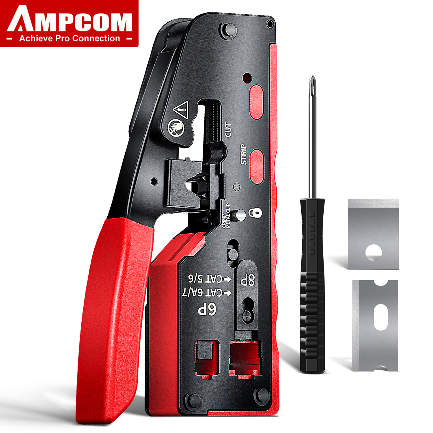 AMPCOM Cat 7 NETWORK CRIMPING Tool CRIMP/CUT/TRIM/STRIP 4-IN-1 Works with Pass Thru/Non-Pass Thru/STP/UTP/Dovetail RJ45/RJ11 connectors Crimping Tool（Includes two blades） ราคา 483 บาท*ส่งฟรี