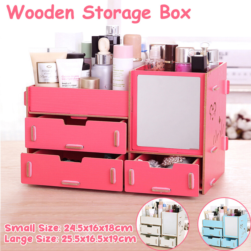 S L Size Diy Decorative Cosmetic Wooden Storage Box Jewelry Container Makeup Organizer Rose Red Blue Beige Lazada Ph