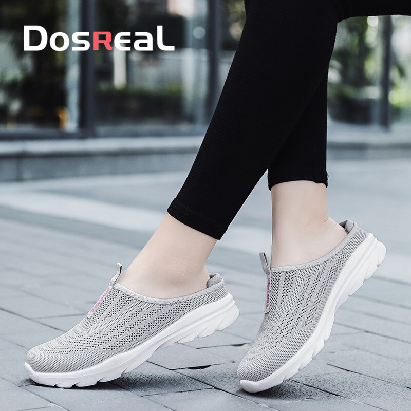 DOSREAL Flat Shoes For Women Plus Size 35-42 Korean Style Slip On Mesh White Shoes Ladies Casual Half Slippers For Women Flat Heels Slip On Loafers Women Shoes ราคา 418 บาท*ส่งฟรี