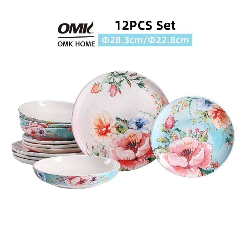 OMK 12PCS Blue peony flower series dinner plates set ceramic tableware deep plate salad bowl ราคา 4,765 บาท*ส่งฟรี