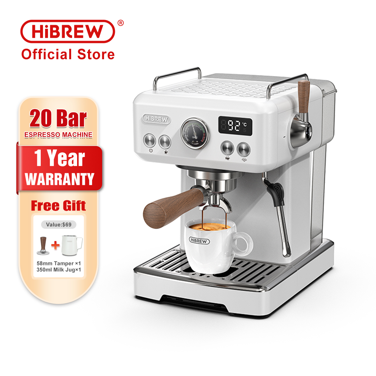HiBREW Semi Automatic Espresso Coffee Machine DIY Function 20Bar Pressuer Temperature Adjustable For Cappuccino & Latte H10plus ราคา 8,999 บาท*ส่งฟรี