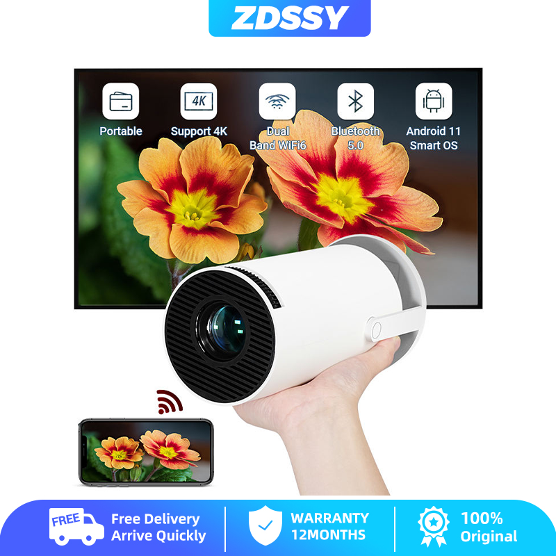 ZDSSY HY300 Pro Máy chiếu mini 4K với WiFi và Bluetooth, quay 180 ° và Keystone tự động, Full HD 1080P được hỗ trợ, ném ngắn, Keystone tự động, Máy chiếu phim ngoài trời di động thông minh Android 11 OS, tương thích với TV Stick / Windows / iOS / Android