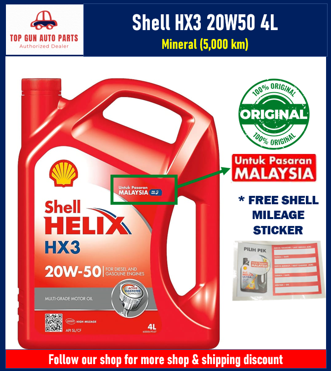 Shell Helix HX3 20W50 4L Mineral Original Untuk Pasaran Malaysia with QR code