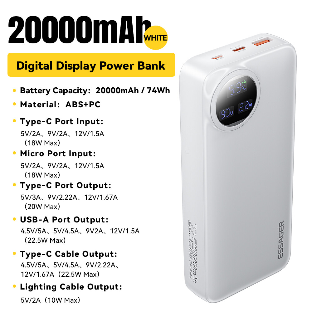 Essager usba22.5w sạc dự phòng s xách tay 20000mah màn hình hiển thị kỹ thuật số với loại c cáp ligh