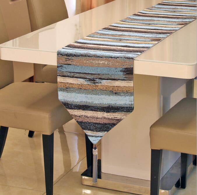 Gambar 1PC Simple Table Runners Colorful Stripes Tassels Canvas Fabric Tablecloth Decor