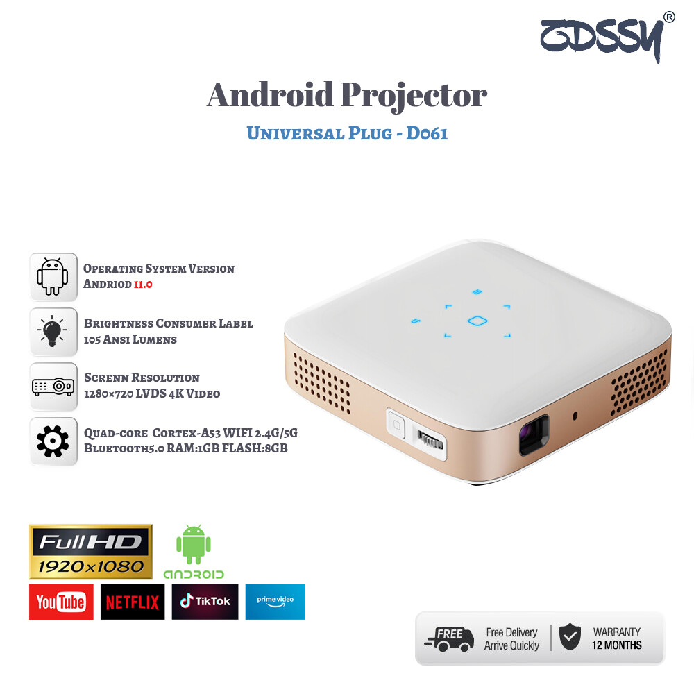 ZDSSY Máy chiếu mini tầm ngắn, Máy chiếu di động Android 11.0 DLP, Máy chiếu HD 105 ANSI Lumens có Wifi và Bluetooth, Máy chiếu phim dùng pin sạc & Rạp chiếu phim tại nhà cho Iphone, Android, TV Stick/Laptop/PS5