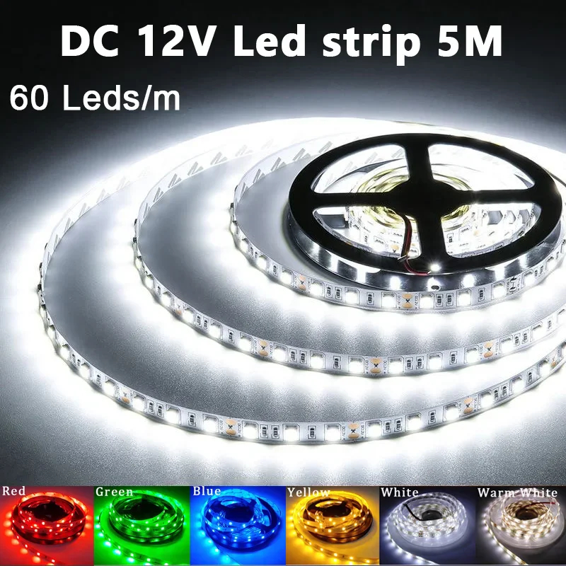5M DC 12V แถบไฟ LED 5050 60LEDs /M แถบโคมไฟบ้านชมพูแดงเขียวสีเหลืองส้มยืดหยุ่นไม่กันน้ำบาร์โคมไฟเพดานหลอดไฟ LED