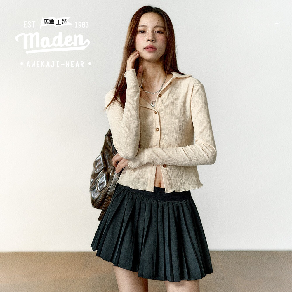  Maden thương hiệu 2024 mùa xuân mới mỏng cô gái dễ thương và sexy đi biển áo cardigan dệt kim mặc bất thường và độc đáo ôm vừa hàng đầu phong cách mỹ bm bên trong lớp tay áo dài họa tiết kết cấu 