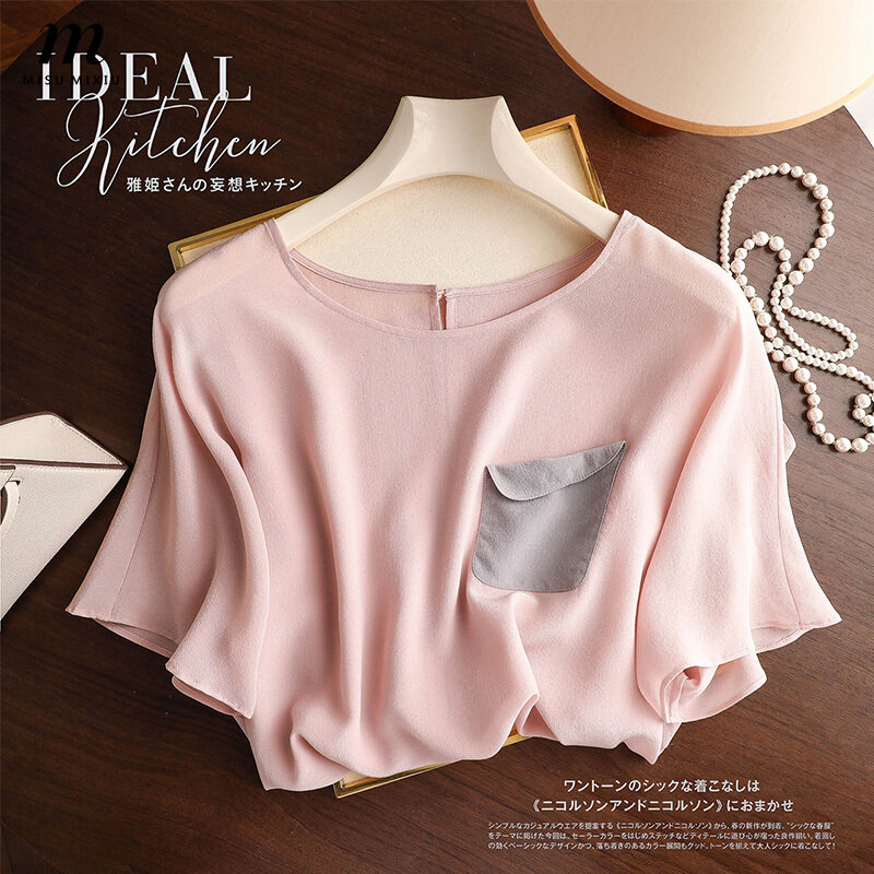 Mizumixiu du lịch đi chơi ~ Áo Blouse lụa tay ngắn nữ 2024 áo mới mùa hè