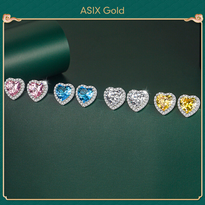 ASIX GOLD 925 silver imitation moissanite heart-shaped earrings Fashion Women's Pink Diamond Yellow Diamond Stud Earrings Lucky stud earrings Showers are available Doesn't turn black Won't peel The best gift ราคา 177 บาท*ส่งฟรี