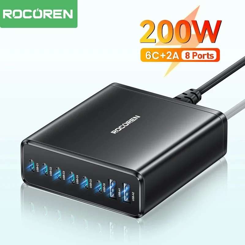 Rocoren 200w loại usb c sạc 8 trong 1 usb bộ sạc để bàn pd qc nhanh chóng sạc sạc sạc nhanh chóng 8 cổng sạc cho iphone 15 14 13
