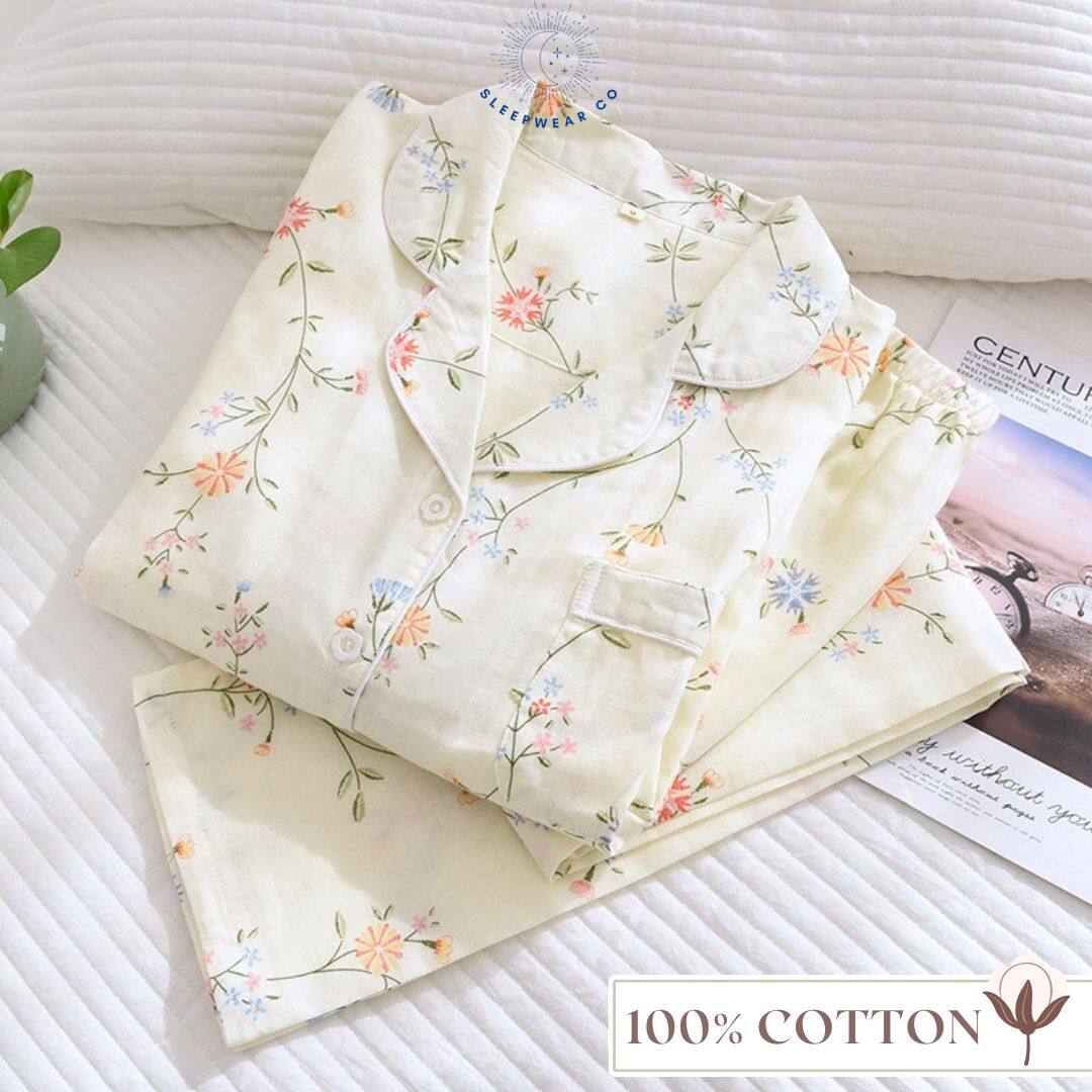 Sleepwear Co 100% Cotton Pyjamas Woman Pajamas Women Set Long Sleeve Floral Baju Tidur Wanita Cotton Piyama Tidur Wanita Lengan Panjang 睡衣裤套装女