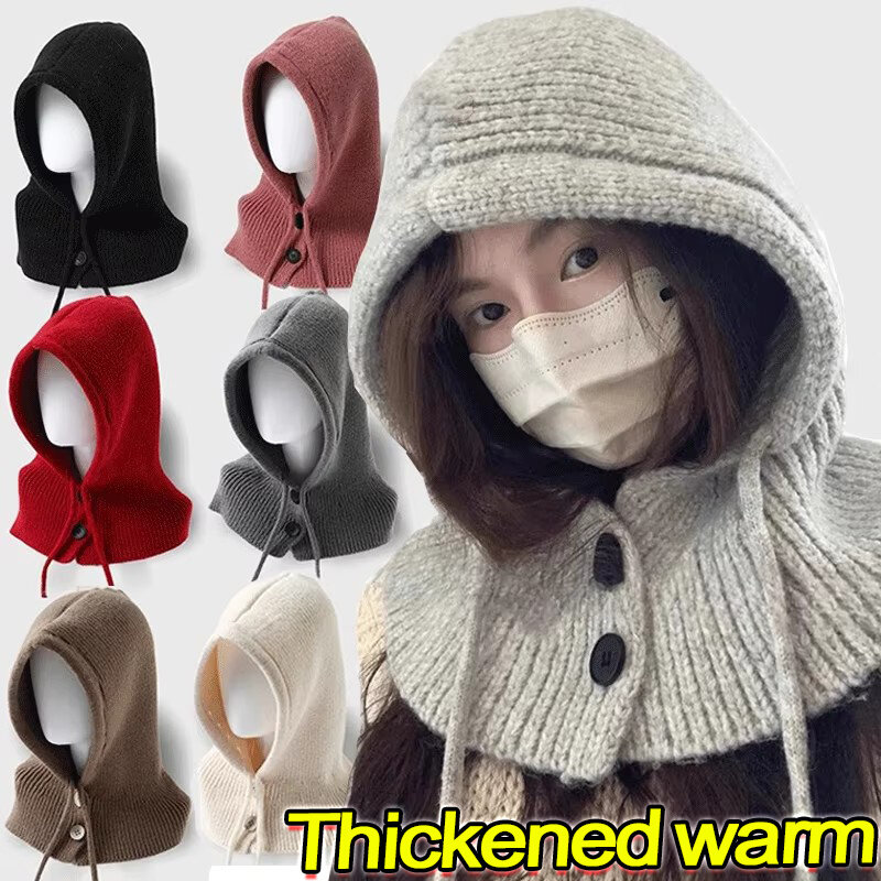 Winter Korea Balaclava Hats for Men&Women Knitted Hooded Caps Thicken Windproof Drawstring One-Piece Neck Collar Beanies Cap