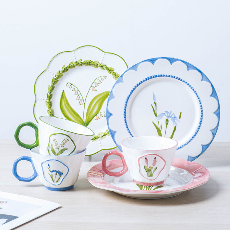 Gambar Ins French Hand painted Retro Relief Lily of the valley Plate Ceramic Underglaze Color Antique Flower Dessert Plate