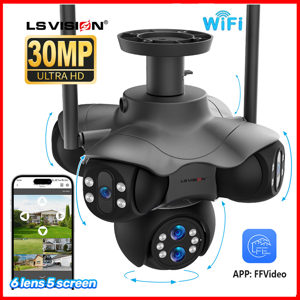 LS tầm nhìn 30MP 6 ống kính 5 Màn Hình 5 wifi PTZ camera CCTV 10x Zoom quang học hình người Phát hiện tự động theo dõi camera an ninh IP66 ngoài trời không thấm nước đầy màu sắc nhìn trong đêm hai chiều máy ghi hình IP âm thanh