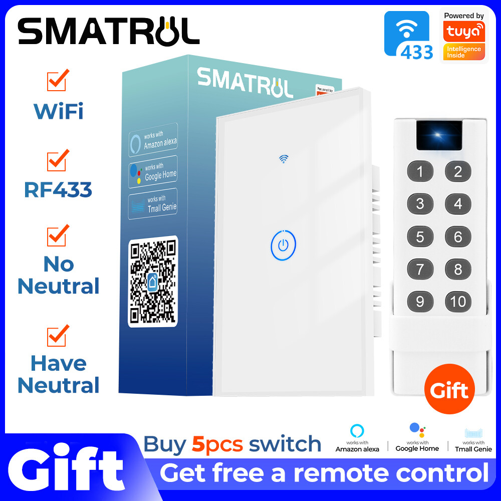 Công Tắc WiFi SMATRUL Không Cần Dây Trung Tính Công Tắc Đèn Tường Thông Minh APP/Điều Khiển Cảm Ứng Hẹn Giờ Tự Động Hóa Trang Chủ Hỗ Trợ Cho Google Home/Nest & Amazon Alexa 220V-240V Trắng 1 Gang