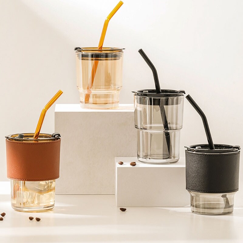 Gambar ?CW? 400ml 430ml Coffee Cup Water Bottle Thick GlassHeat Resistant Milk Juice Cup DrinkwareSealed Non slip Set Straw Mug