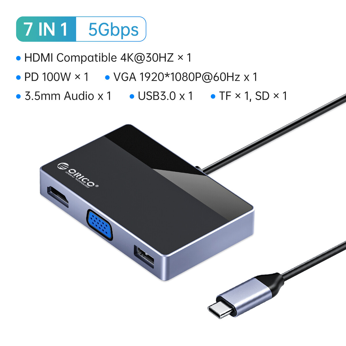 ORICO USB C HUB 4K 30Hz loại C để HDMI tương thích VGA RJ45 USB3.0 PD 100W Adapter SD Splitter cho M