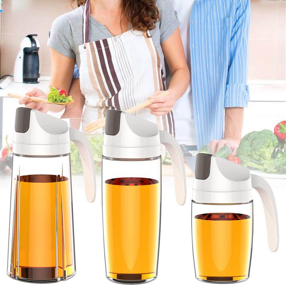 Auto Flip Oil and Vinegar Glass Bottle Non-Slip Handle for Kitchen Cooking 600ml Leakproof Condiment Container with Automatic Cap Blue Non-Drip Spout