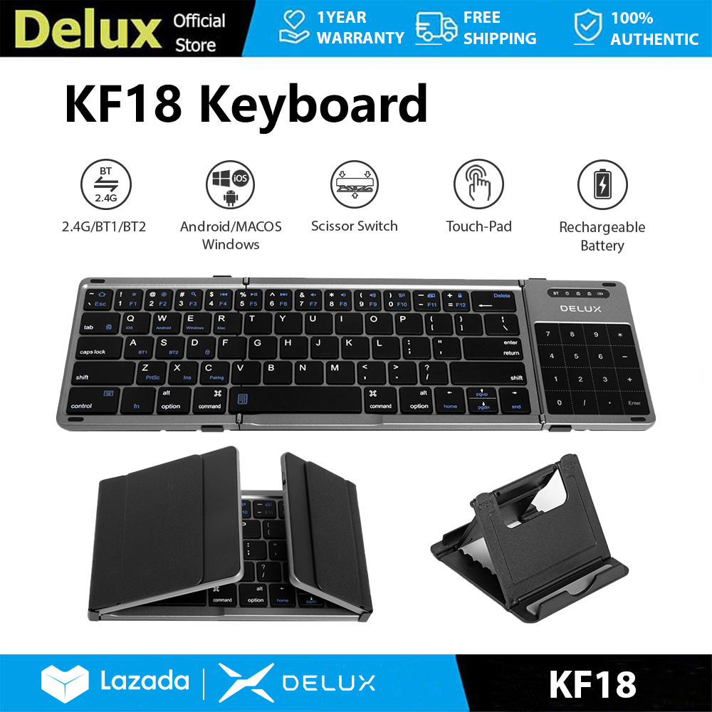Delux KF18 Portable Bluetooth Folding Wireless Keyboard, 2.4G wireless, Seamless design, Touch-pad, Scissor Switches, Silent Click, Tri-Fold, Rechargeable Battery for IOS Android Windows MACOS with stand