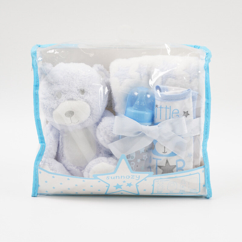 4Pcs/Gói Lễ Tắm Trẻ Bộ Quà Tặng-Dễ Thương Gấu Thú Nhồi Bông Sfot Flannel Chăn Yếm Có Dây Đeo Và Bình Sữa Sơ Sinh Món Quà Sinh Nhật