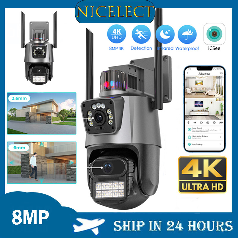 Nicelect Camera IP 8MP 4k ống kính kép Camera Wifi PTZ Màn hình kép an ninh chống nước ngoài trời Camera giám sát video đèn cảnh sát camera IP báo động