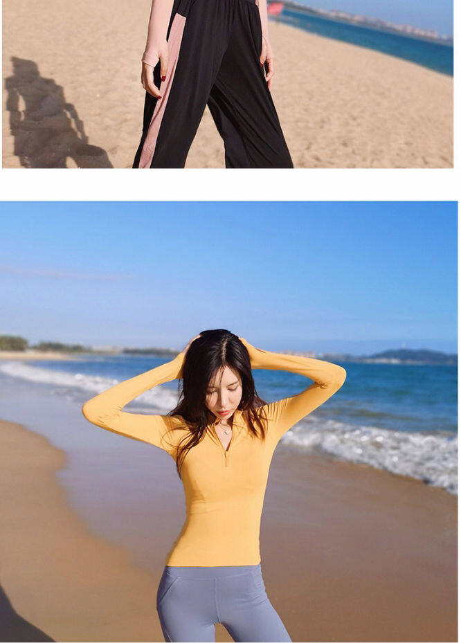 SUPERFLOWER Frauen Sport Shirts Einfarbig Reißverschluss Hohe Elastische Gym Yoga Top Atmungsaktive Langarm Sexy T-Shirts_voghion.com