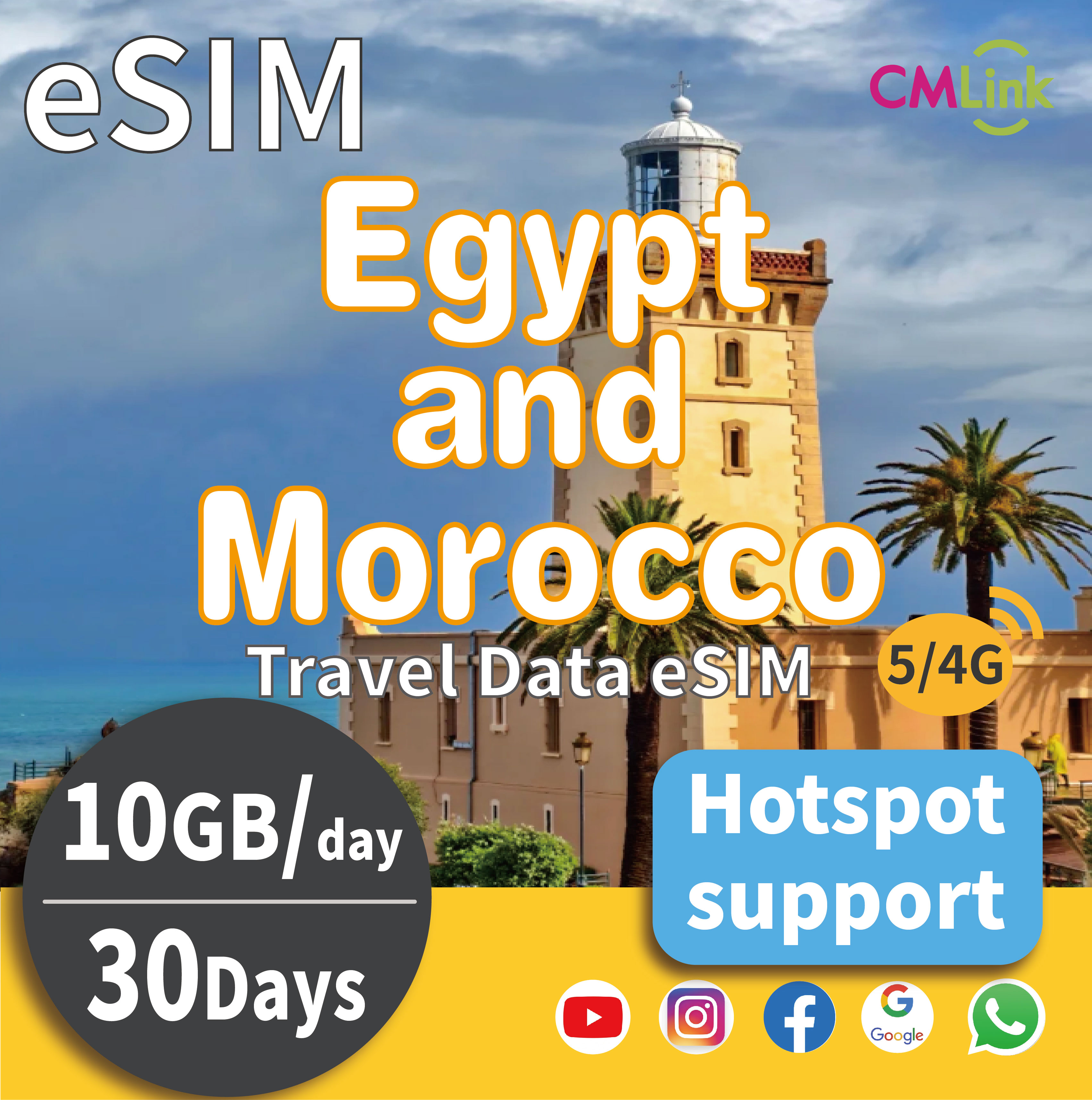 Egypt and Morocco Data eSIM Card with Unlimited 10GB tofor 30 Day High-Speed Data for Travel Prepaid 4G/5G LTE (Hotspot+Top-Up,QR Code Sent to Your Email)) ราคา 777 บาท*ส่งฟรี