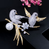SEQUITO Expensive Lucky Bird Brooches Pin with Pearl Women Golden Silvery Micro Pave Setting AAA CZ Zirconia Stone Bling Scarf Buckle Jewelry Accessories BP016