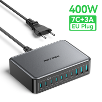 Rocoren 400W/200W GaN 10-Ports Fast Charger 7C+3A 7*USB-C+3*USB-A Desktop Charger Quick Charging With 1.5m Extended Cable For Laptop Power Adapter iPhone 16 15 Pro Xiaomi